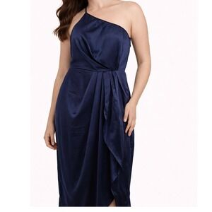 Lulus Womens Navy One Shoulder Satin Midi Cocktail Dress Formal Event Size S NWT